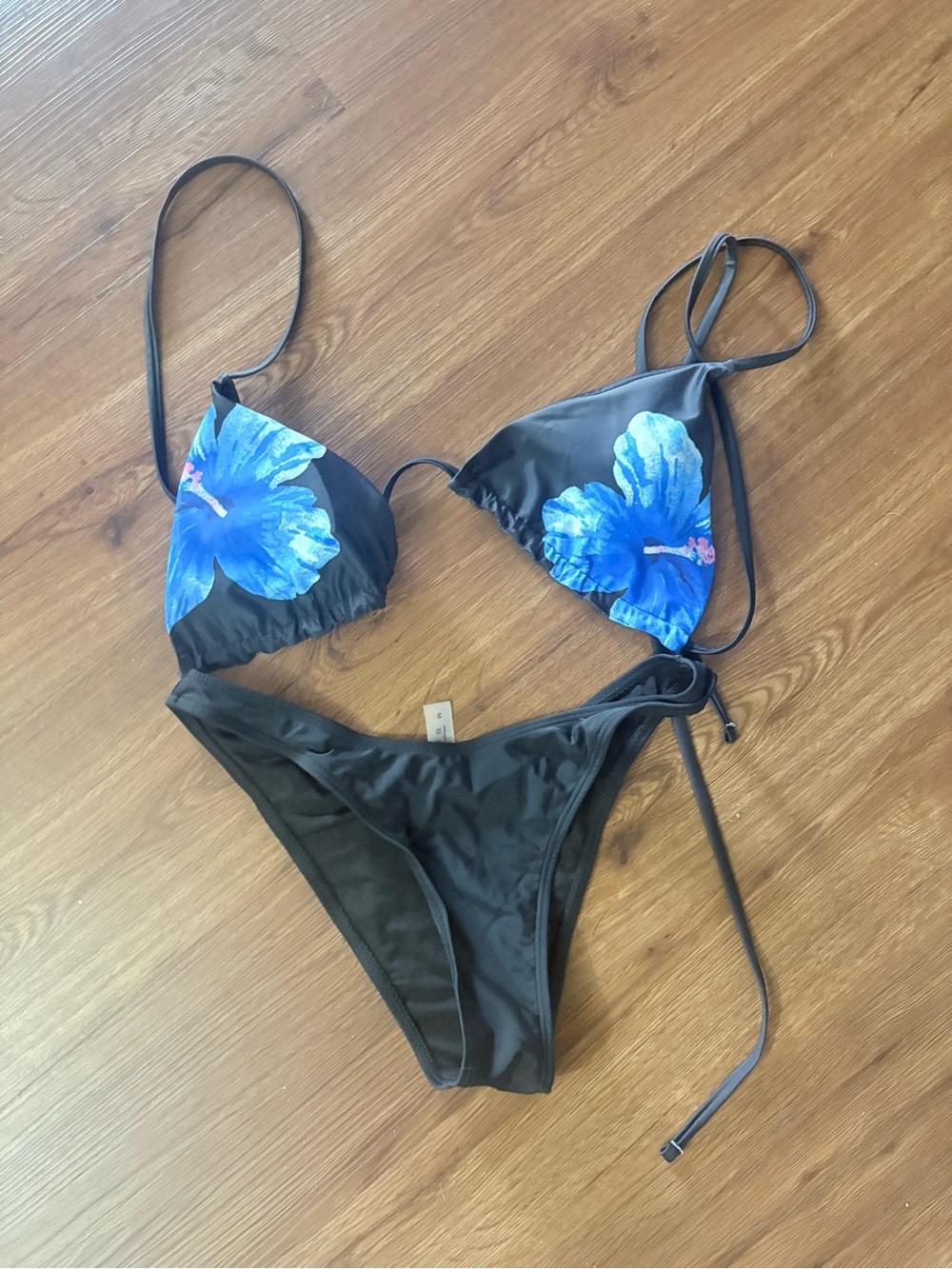 Black Bikini Set with Blue Floral Accents